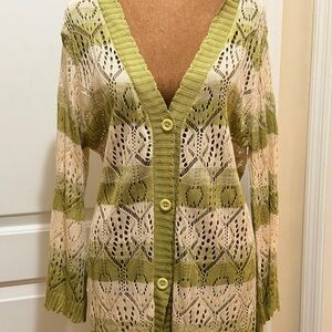 BloomChic Olive and Cream Long Cardigan with Tulip Sleeves and Ribbed Trim BOHO
